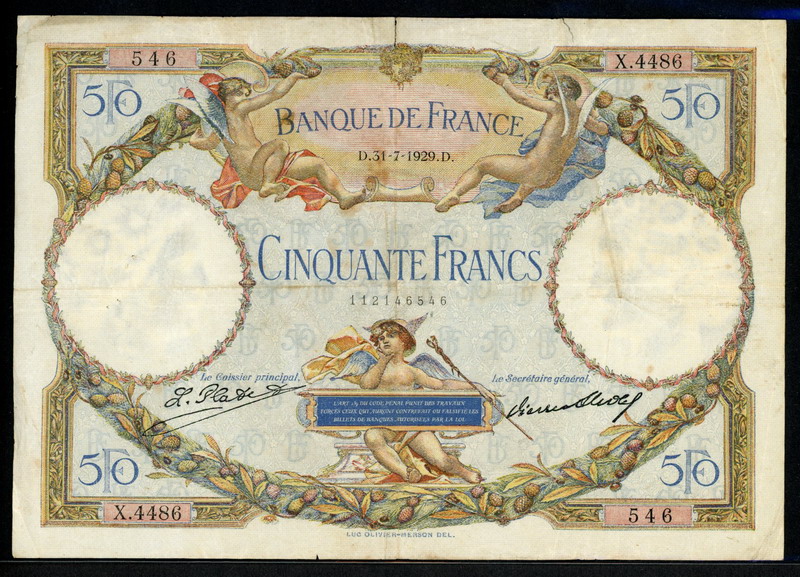 프랑스 France 1927-1929, 50 Francs,  P77a, Fine+ 보품